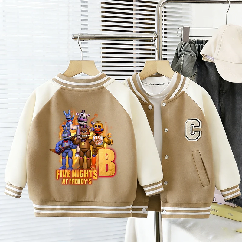 سترة بيسبول للأولاد من خمس ليالٍ في فريدي معطف كرتوني للأطفال سترة بأحرف مطرزة FNAF ملابس خارجية عصرية ملابس الخريف