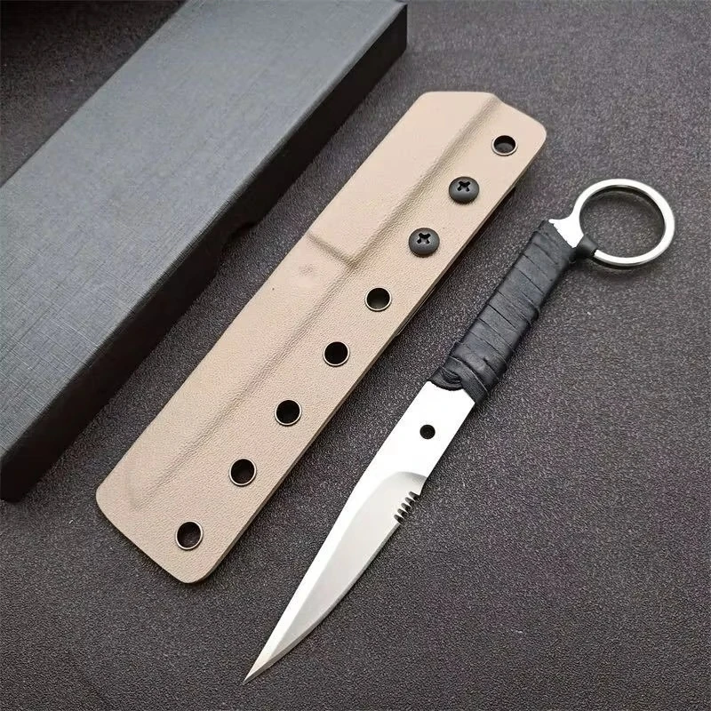 Full Tang Fixed Blade Knife Stonewashed Steel, Built-in Pinky Ring, PU Leather Wrapped Handle, Outdoor EDC Camping Hunting