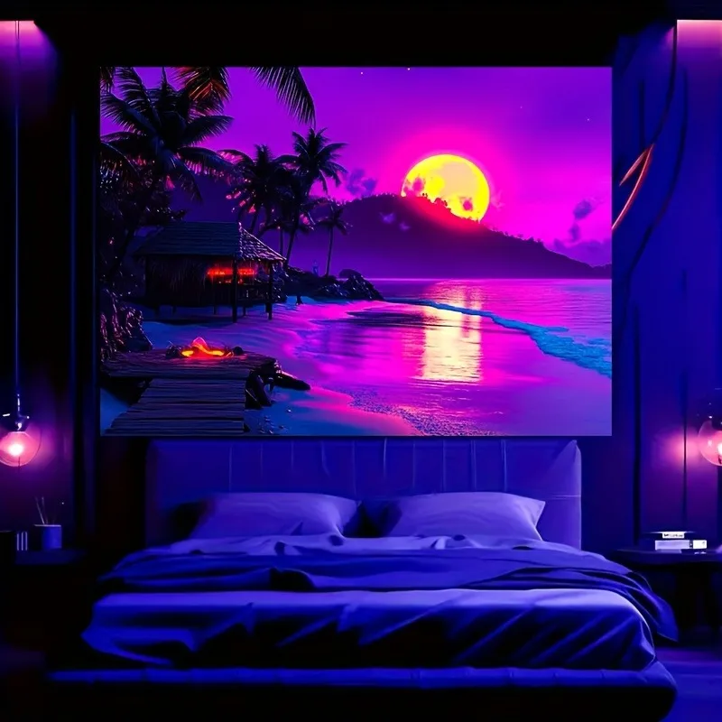 Picture 6: Vibrant Beach Nightscape Neon Tapestry,UV tapestry wall hanging bedroom home party decoration