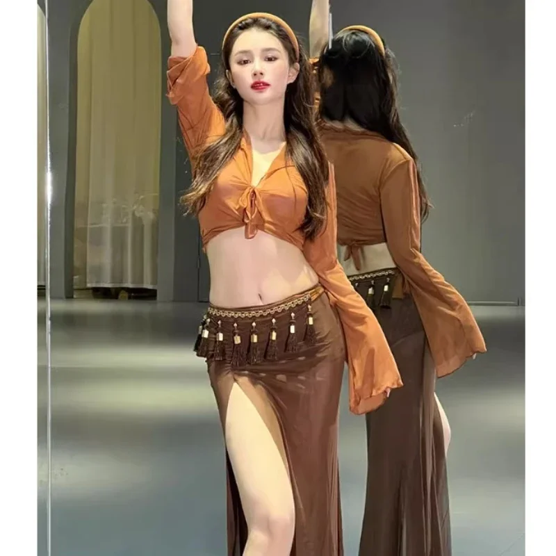 Belly Dancing Training Clothing for Women\'s Long Sleeved Mesh Top+Split Long Skirt Oriental Dance Professional Practice Clothes
