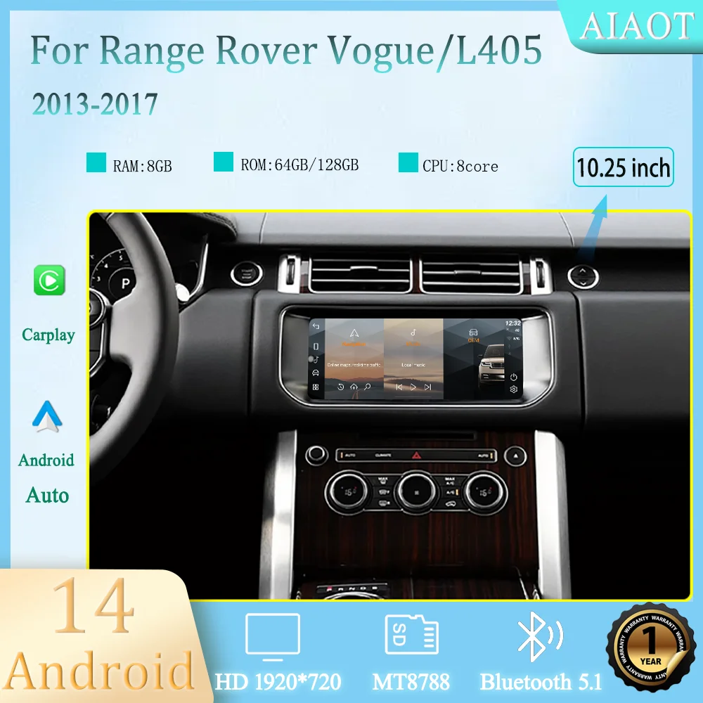 10.25inch Android 14 Car Multimedia Radio For 2014-2017 Land Rover Vogue L405 GPS Wireless CarPlay Bosch Harman System AC Panel