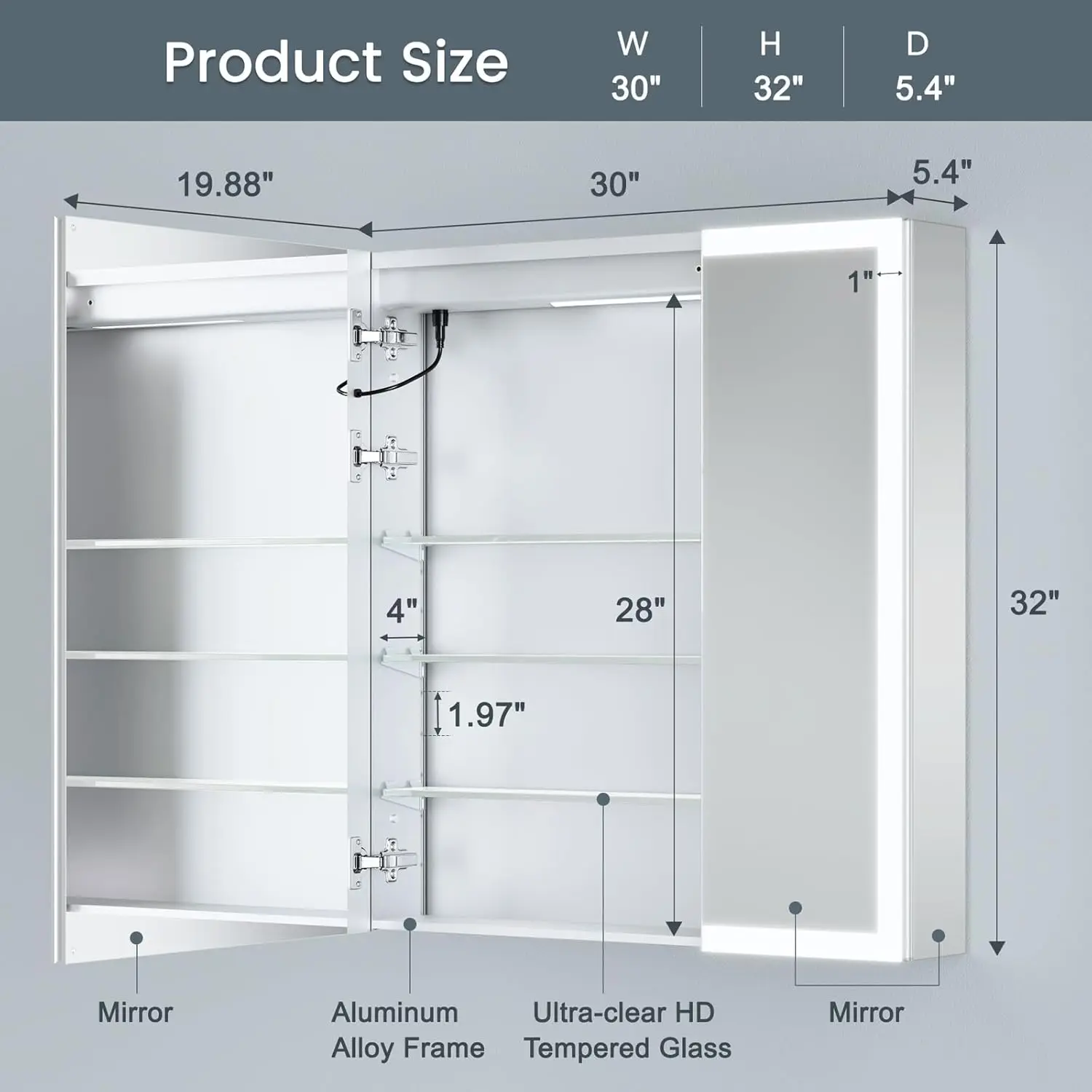 Inch Lighted Medicine Cabinet, AL Alloy Frame, Plug-in or Hardwired, Recessed or Wall Mount, Mirror Doors/3 Colors/Dimmable/Inte