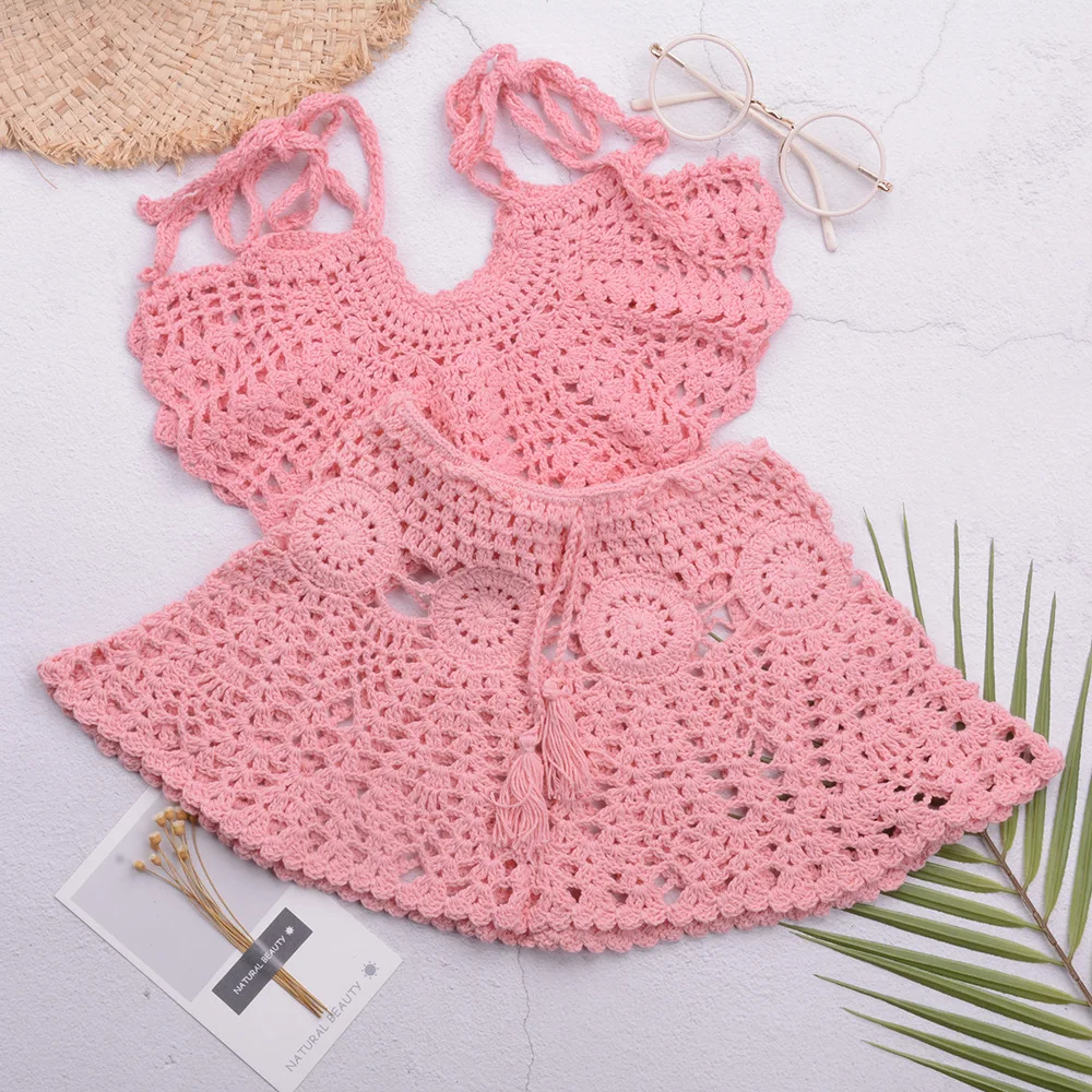 

DIY European and American Fashion Handwoven Hollow Suspender Tank Top Short Skirt Girls' Split Swimwear Set New Style