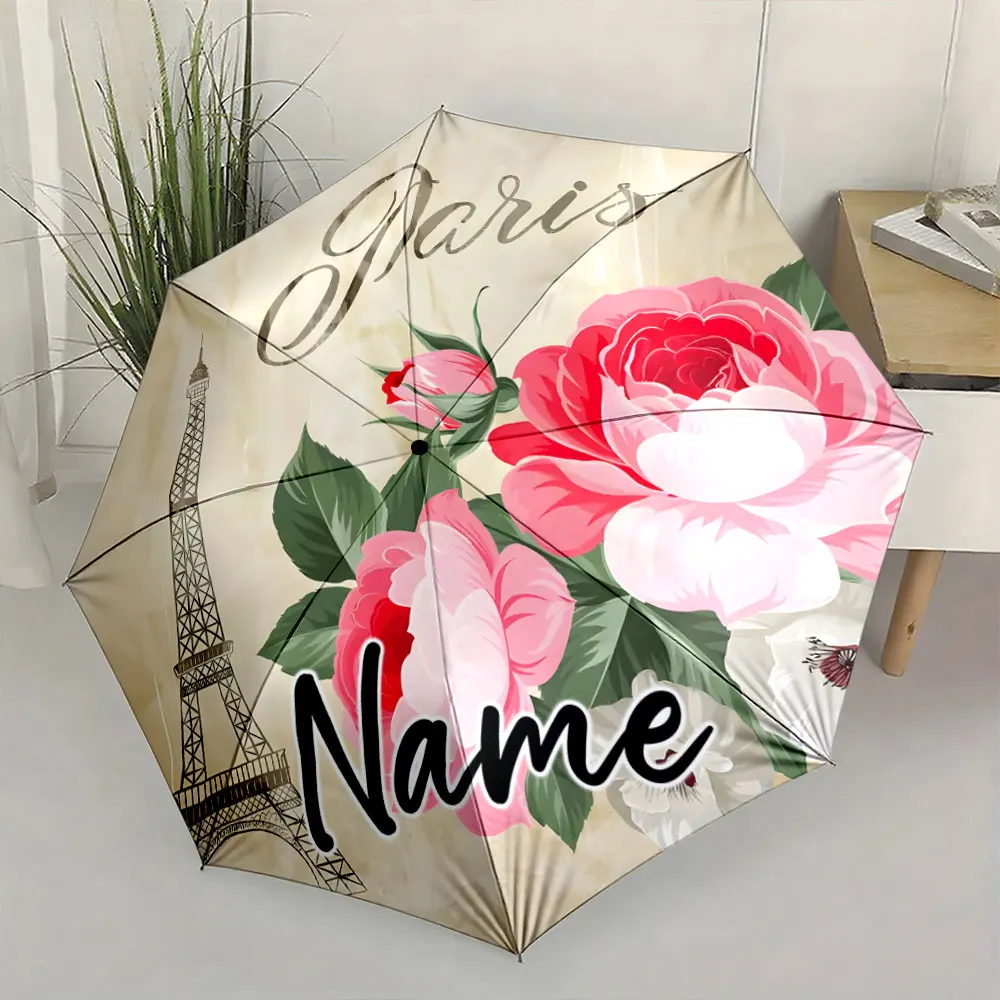 Custom Name Elegant Paris-Themed Floral Umbrella 8 Iron Ribs Folding Umbrella Auto-Open Fashionable Sunshade Deluxe Gift