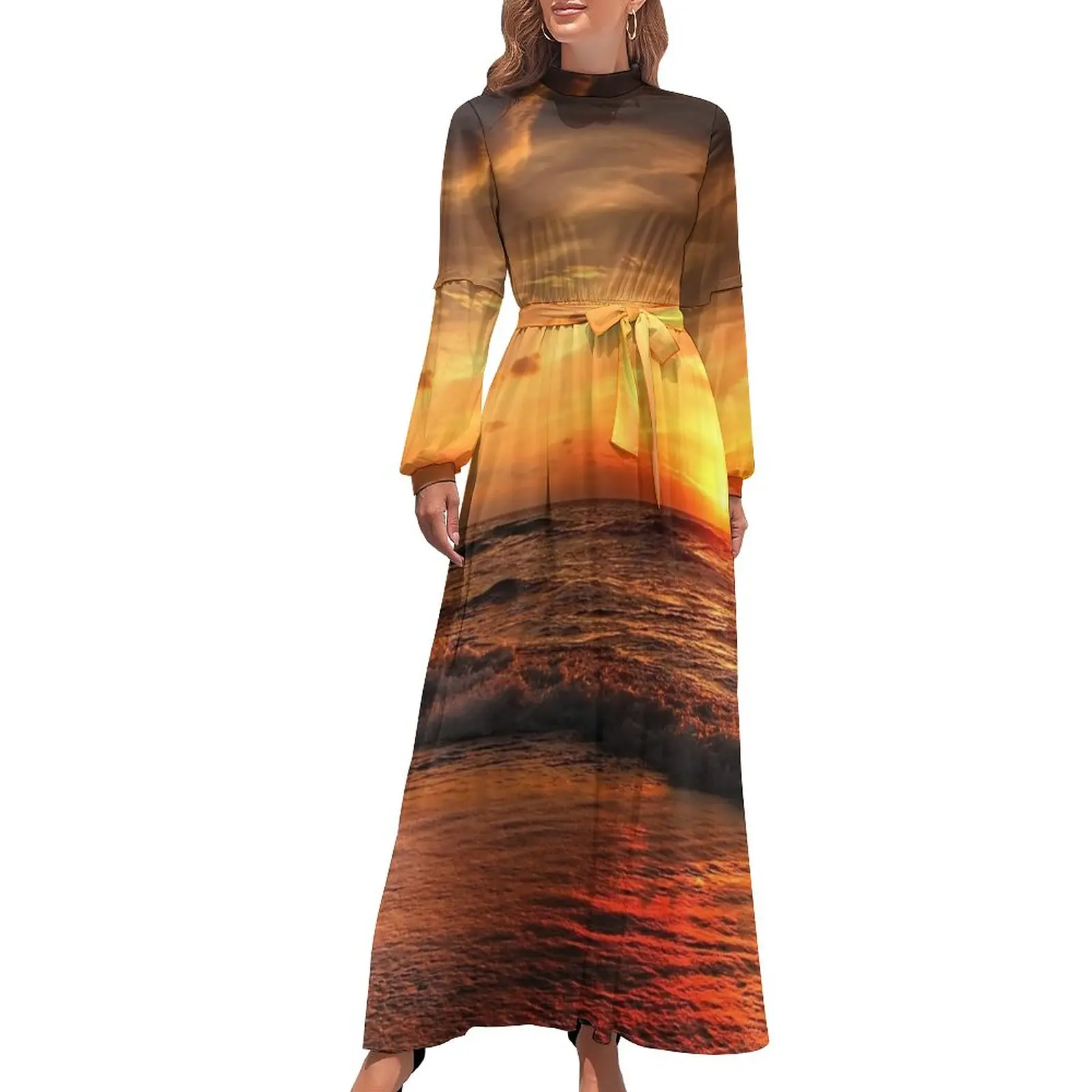 

Sunset Print Dress Sea Waves Elegant Pattern Maxi Dress High Waist Long Sleeve Streetwear Bohemia Long Dresses