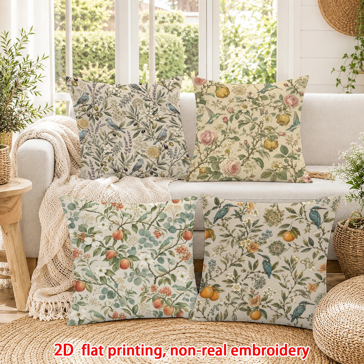 4pcs Vintage Botanical Bird and Fruit Throw Pillow Covers Neutral Farmhouse Cushion Cases for Sofa Bedroom