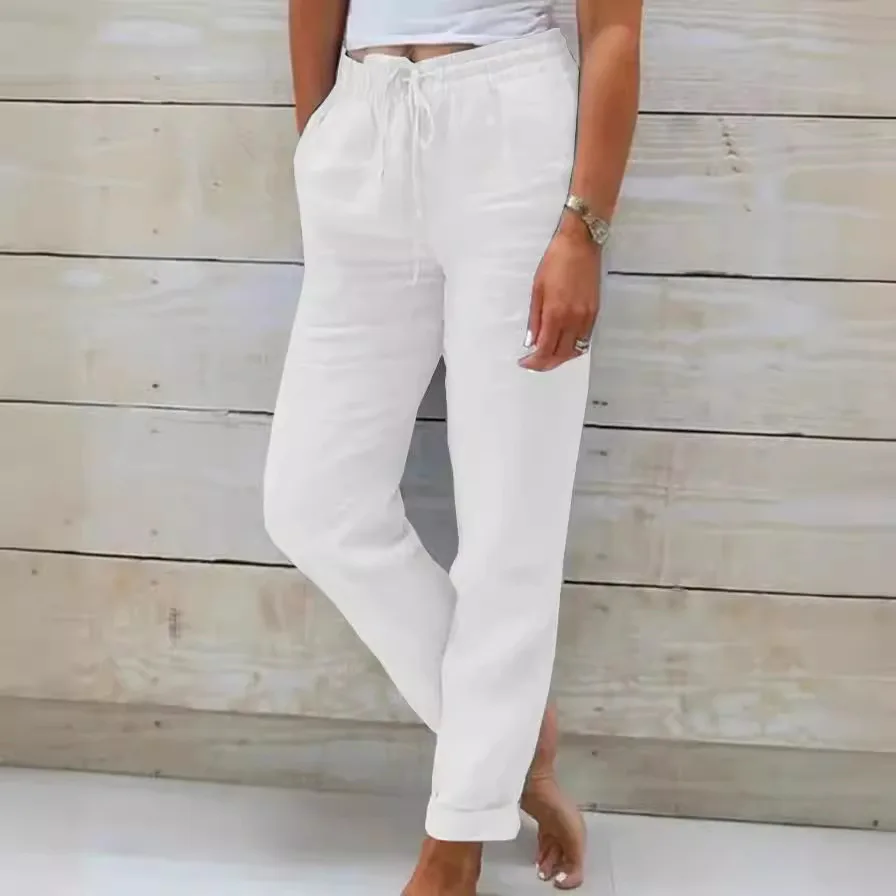 Pants women 2026 casual new Europe high-waisted tight-waisted solid-color cotton linen casual pants women's clothing