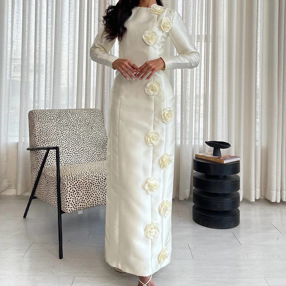 

Customized Simple Satin Straight Women's Evening Dress Flower Appliques With Full Sleeves Party Gown Ankle Length Prom Dress