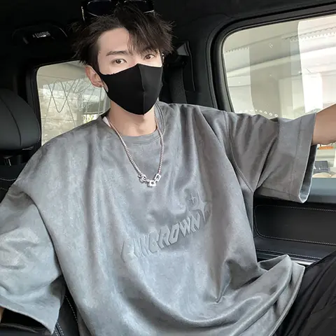 Summer Men's Heavyweight Suede Letter Printed T-Shirt American Trend Retro Tops High Street Punk Fashion Loose Short Sleeve Tee