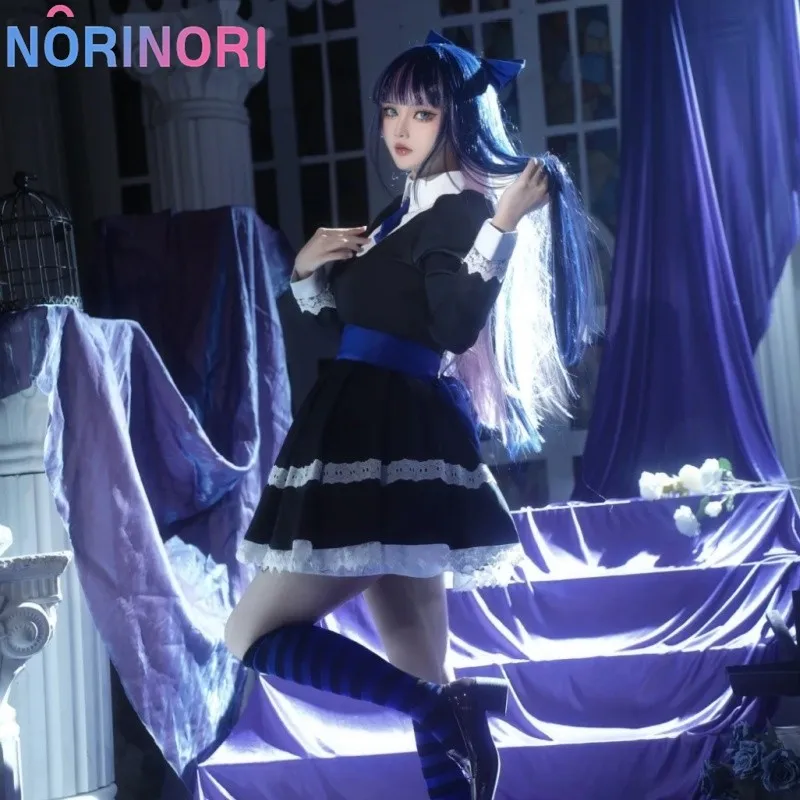 Anime Panty & Stocking with Garterbelt Younger Sister Anarchy Stocking Cosplay Costume Gothic Maid Lolita Dress Wig Long Socks