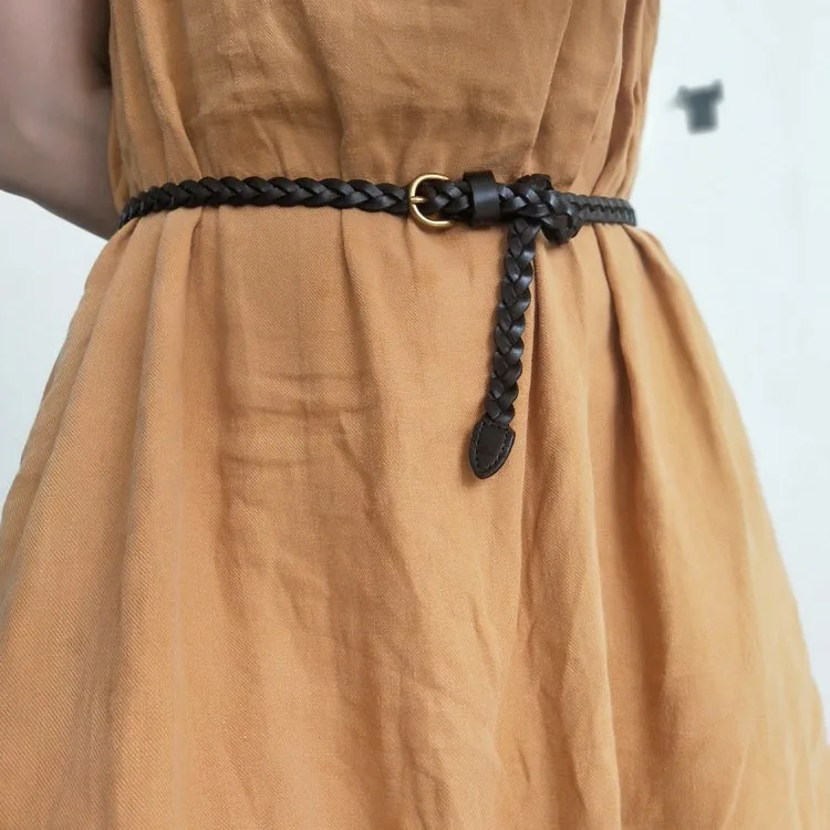 Cinturón trenzado de cuero versátil para mujer, hebilla de pin de estilo coreano, cinturón de cuero fino, cinturón de piel de vaca con capa para la cabeza