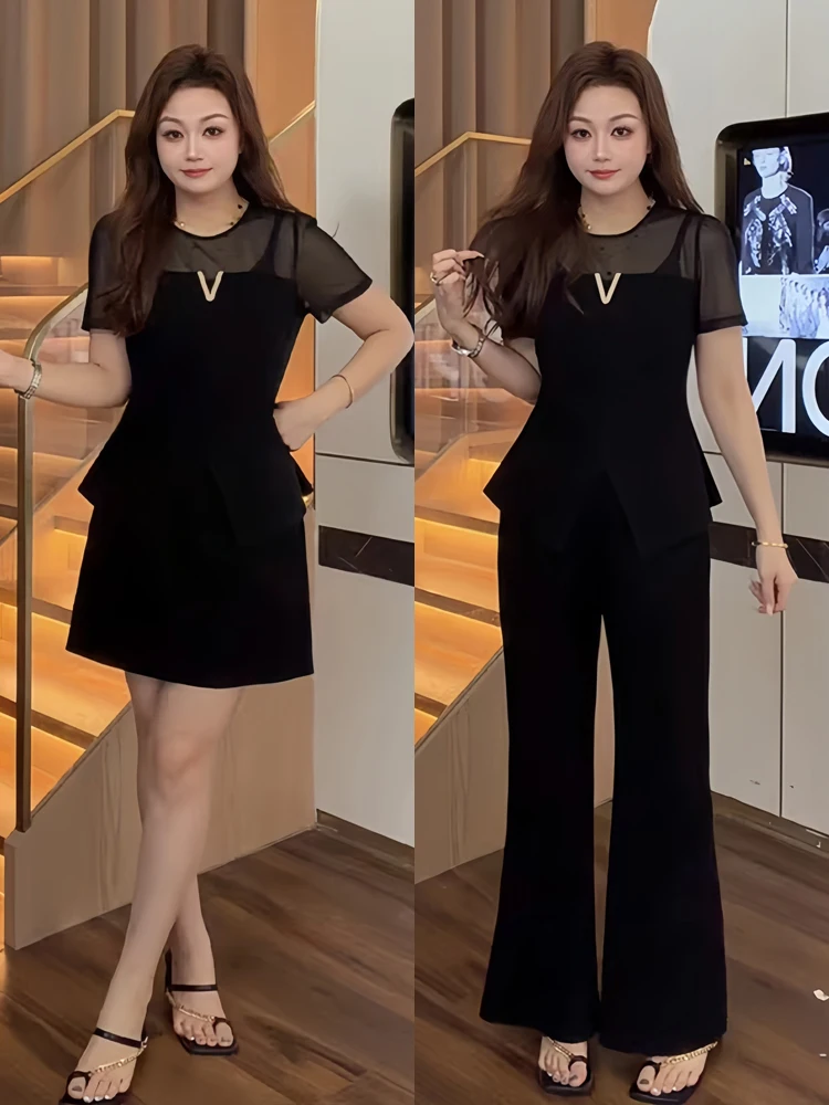 

Black Lace Short Sleeve Commute Set plus Size Women's Fashion High Waist Flared Pants A-Line Skirt Korean Style Loose Fit