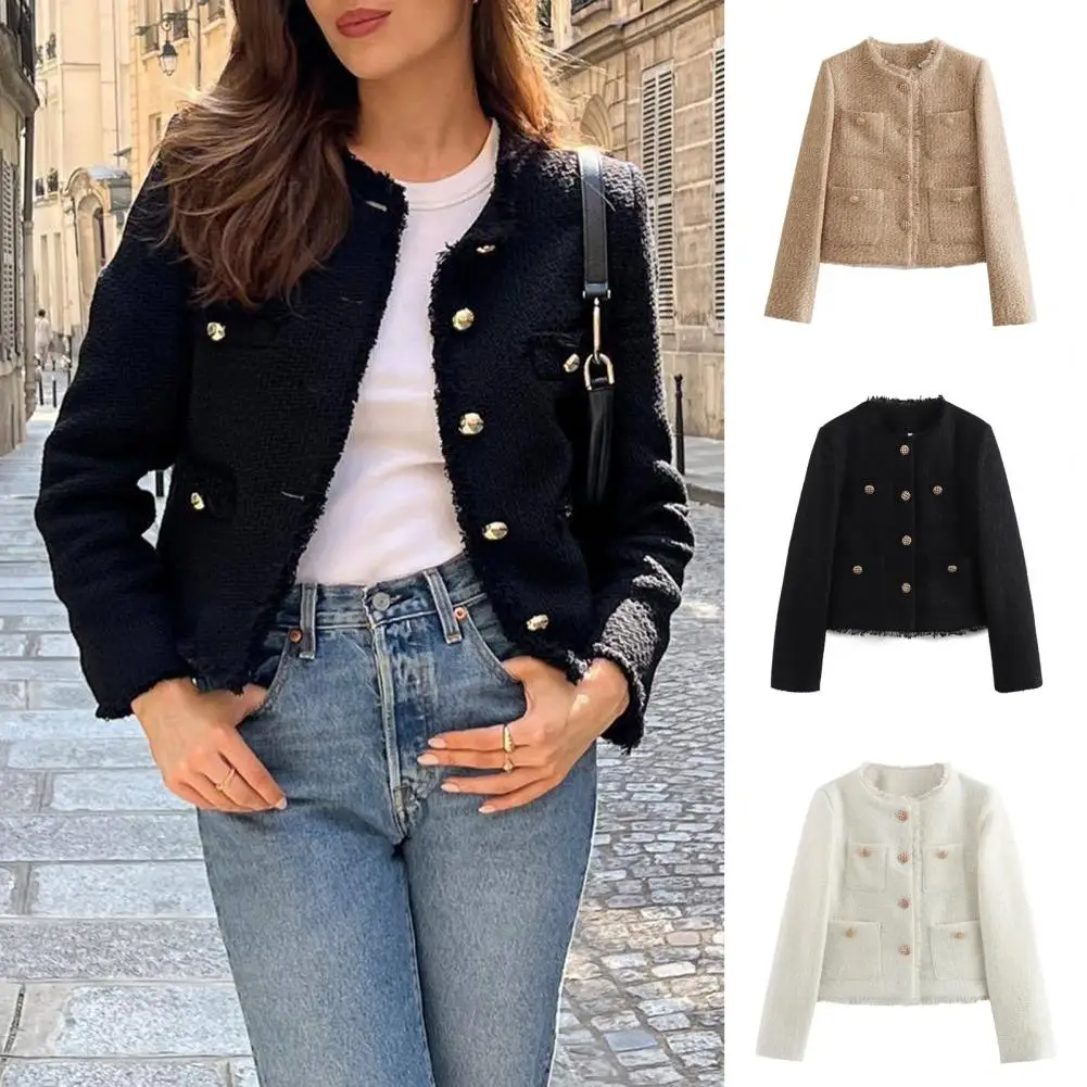 Elegant Tweed Jacket for Women Stylish Women's Tweed Jackets with Pockets for Business Casual Wear Long Sleeve Button for Spring