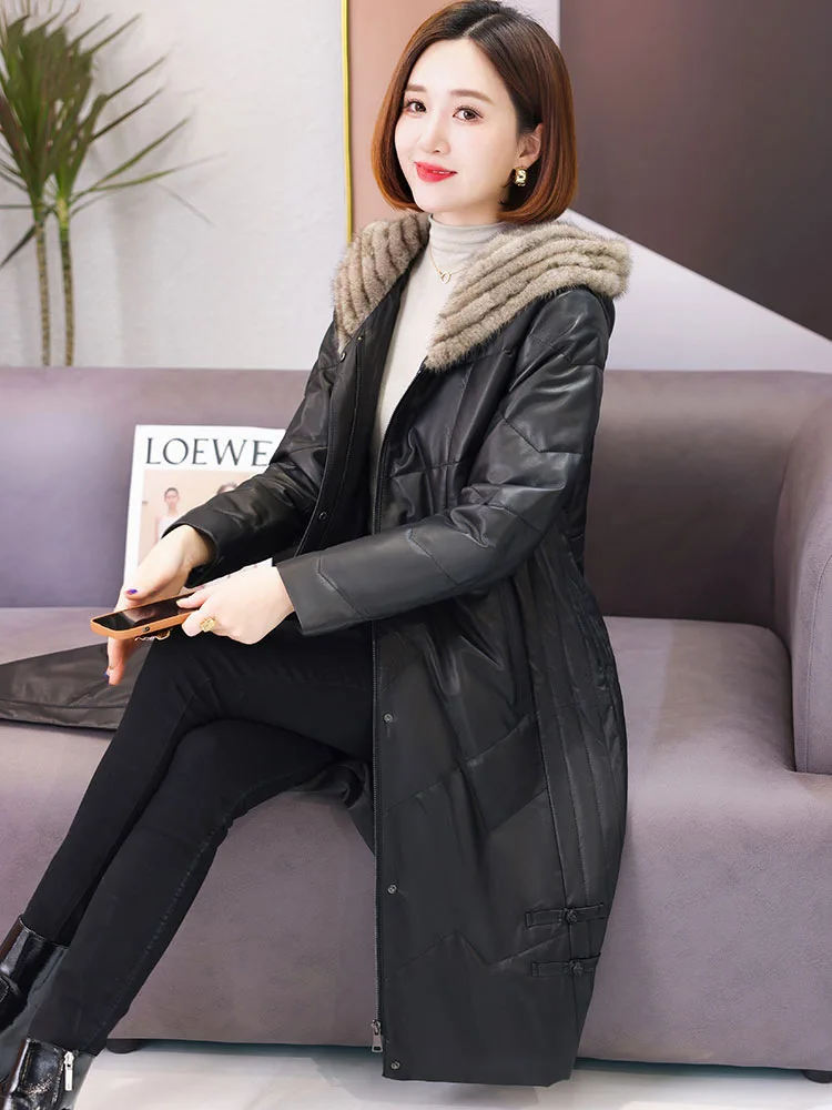 Genuine leather down women's mid length winter new foreign style woven mink fur collar sheep leather jacket