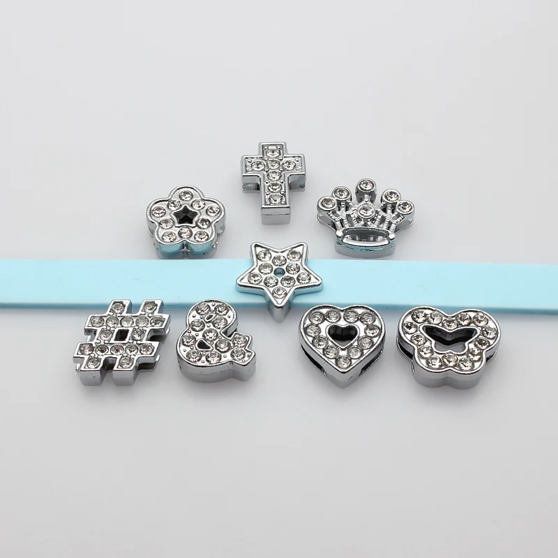 10PC/lot 8MM clear rhinestones heart star flower cross crown Slide Charm For 8mm DIY Bracelet Wristband Jewelrys Making