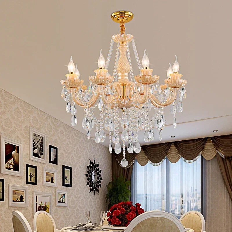 

French Elegant Champagne Princess Room Crystal Chandelier European Vintage Villa Hotel Hall Dining Room Bronze E14 Pendent Lamp