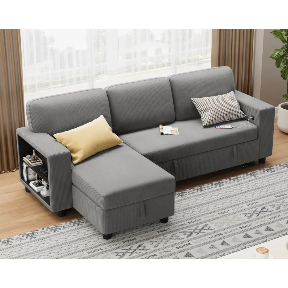 Sofa rozkładana 80 cali, rozkładana sofa z wbudowanym dużym schowkiem i 2 półkami na książki, rozkładana sofa segmentowa, wysuwana część