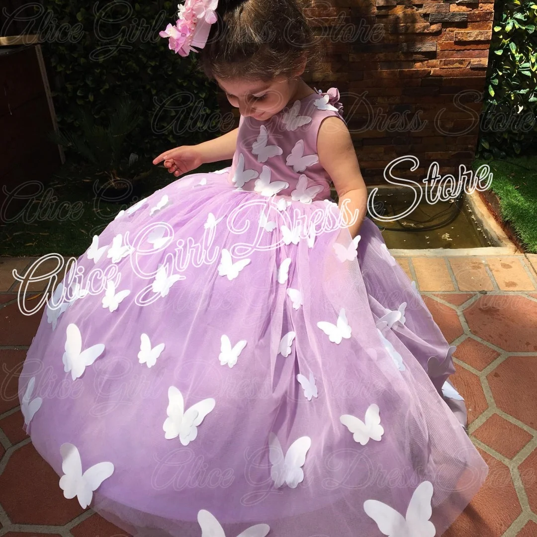 Customized Lavender Flower Girl Dresses for Wedding Beaded Butterfly Girl Prom Gown for Photo Shoot First Communion Gowns