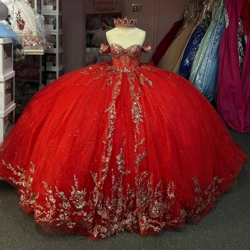 

Red Shiny Princess Off the Shoulder Sweet 16 Dress Quinceanera Dresses Sequin Gold Applique Lace Beading Bow Tull Party Birthday