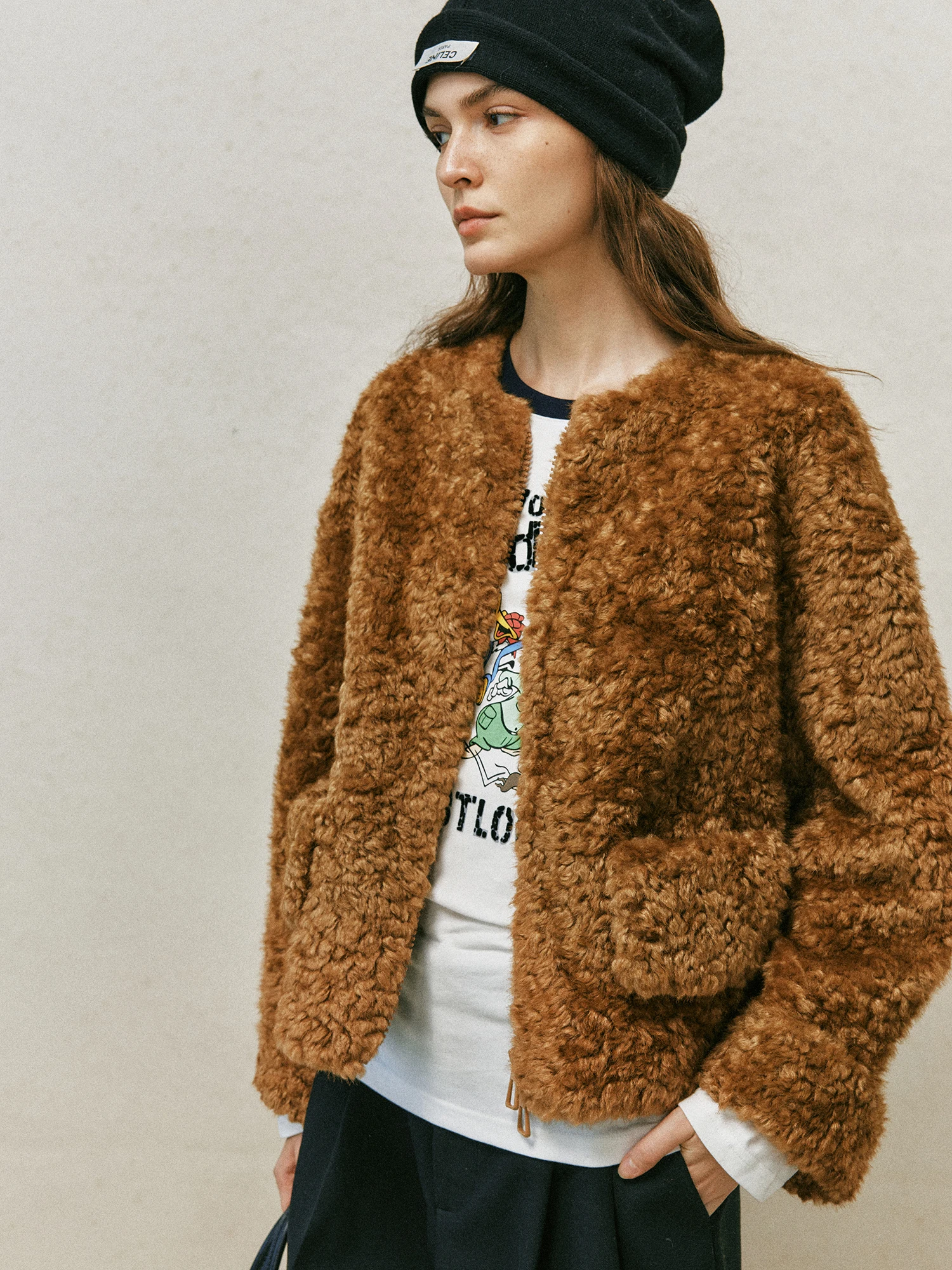 Eco-Friendly Fur Jacket round Neck Skin And Hair Integrated High-End Feelings Short Style Zipper Closure Women's Coat