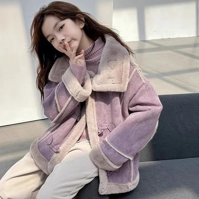 

2025 Winter New Girls Leather Jacket Solid Color Lamb Fleece Lining Thick Warm Lapel Coat For 5-14Y Teen Girls Fashion Outerwear