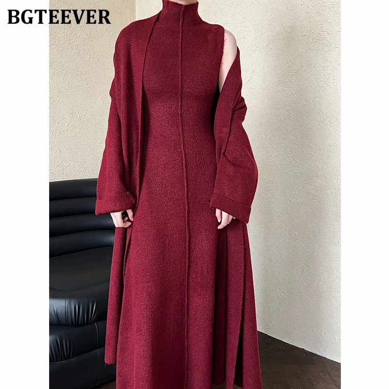 

BGTEEVER Elegant Ladies 2 Pieces Set Long Cardigans & Turtleneck A-line Dress Women Sweaters Suits Winter