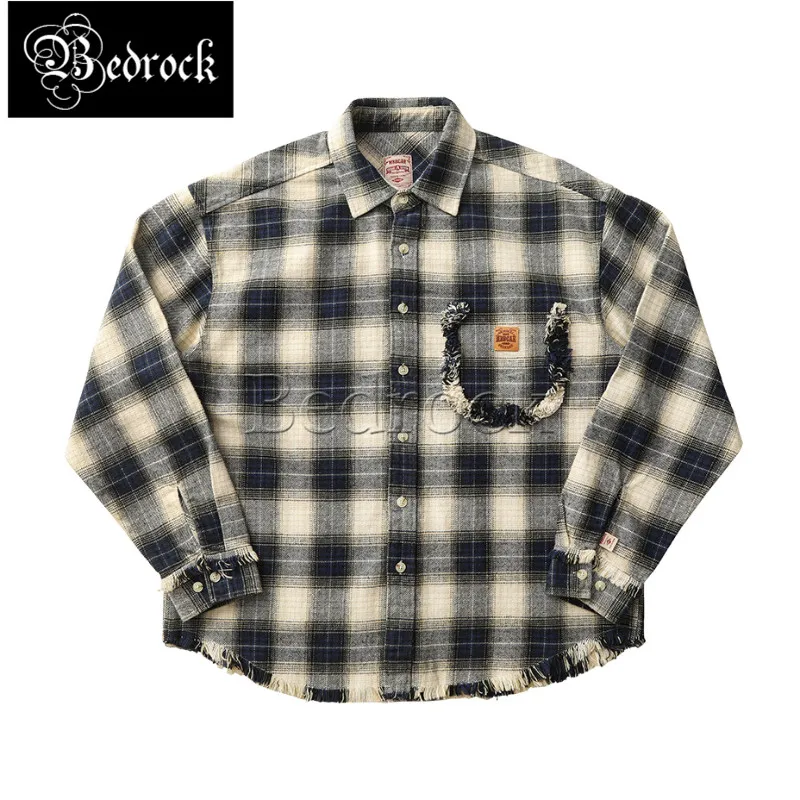 MBBCAR Vintage Plaid Shirt For Men One Washed Distressed Loose Shirt Jacket Fake Pocket Decoration Work Overshirt