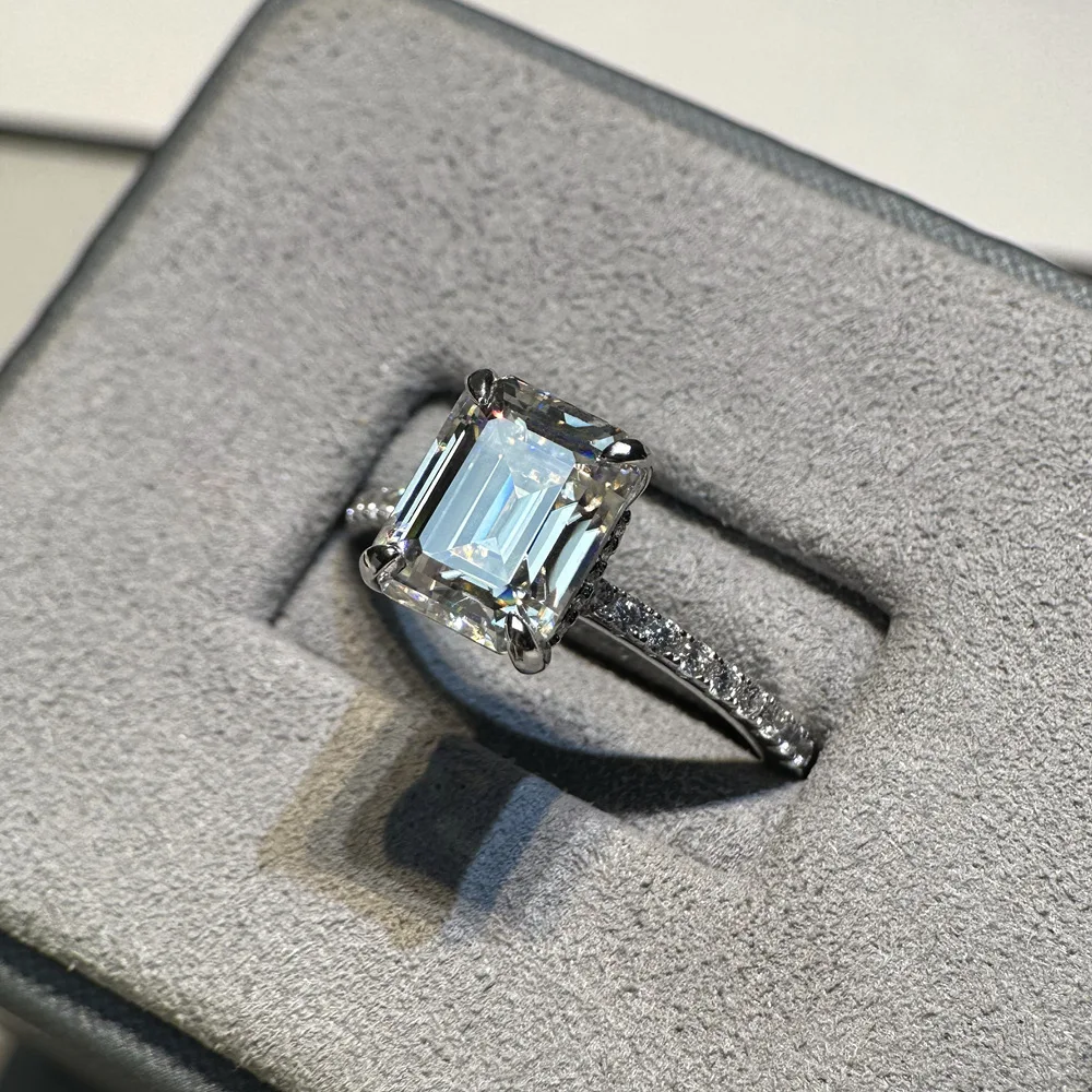 S925 Silver Platinum-Plated 4CT D-Color Moissanite Ice Cube 8x12mm Ring, US Sizes, Valentine's Gift