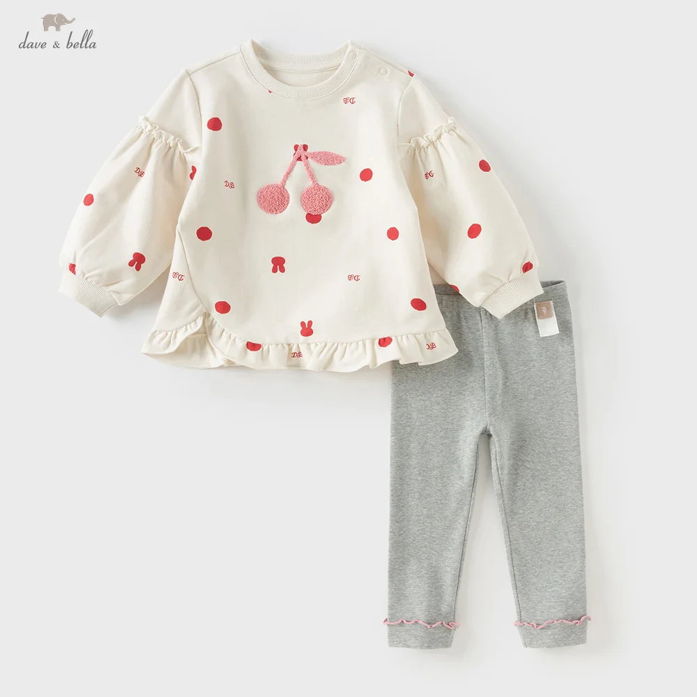 Dave Bella Children's Pants Set Girls Leggings Long Sleeve Casual Two-Piece Sweet Cute Cherry Print Outdoor Party DB3253158