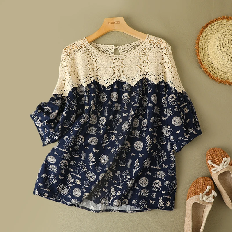 

Retro Cotton Linen Patchwork Print f Sve T-irt Summer Large Size Women's round Ne Lace Hook Flower Linen Casual Top