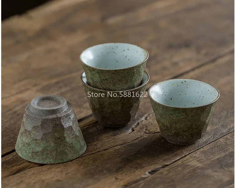 Japanese Coarse Pottery Tea Cup Green And Black Color Handmade Ceramic Kung Fu Tea Cups Small Tea Bowl Retro Home Decor