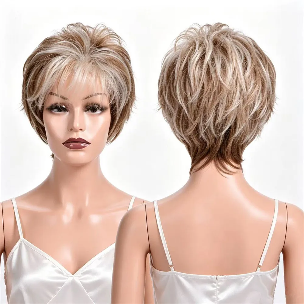 Short Layered Pixie Cut Synthetic Wig for Women Brown Ombre Blonde Highlight Heat Resistant Fiber Daily Party Cosplay Wig