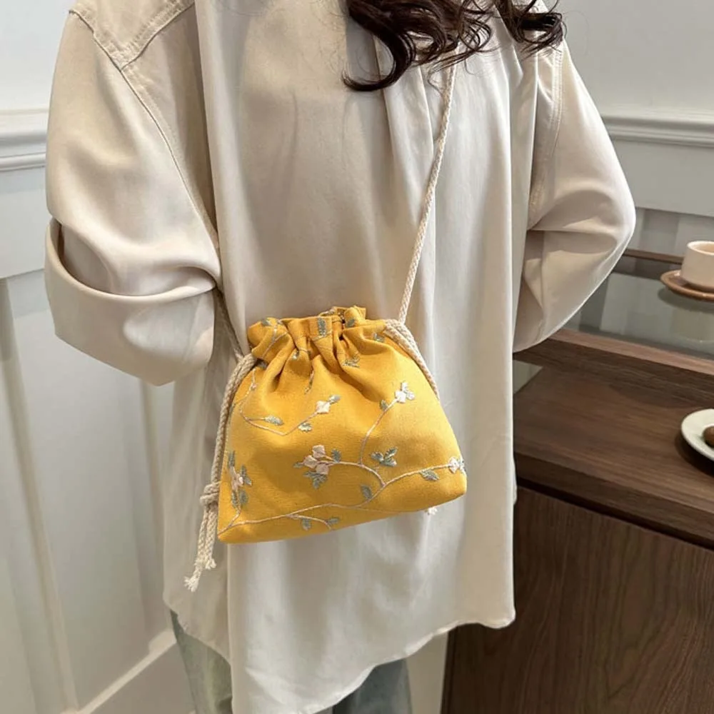 Bolso cruzado transpirable con cordón, accesorios Hanfu, paquete chino portátil, bolsillo, bolso de hombro blanco y rosa con bordado de flores