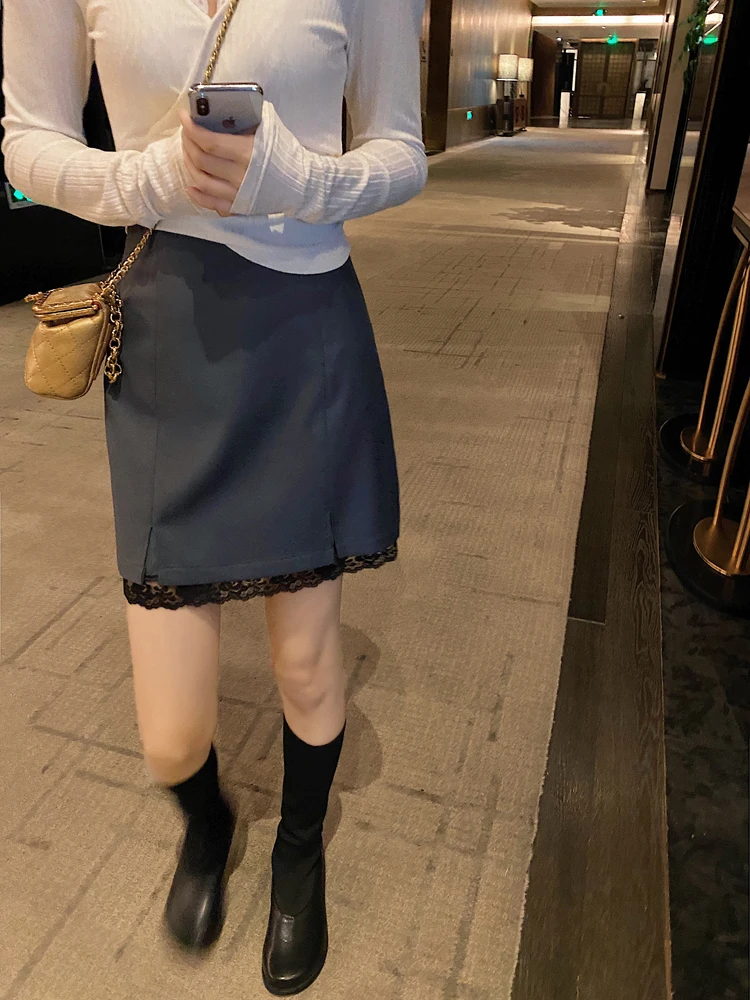 

Юбка женская с высокой талией, асимметричная, с кружевными вставками, для весенне-осеннего сезона, дизайнерская, с разрезом