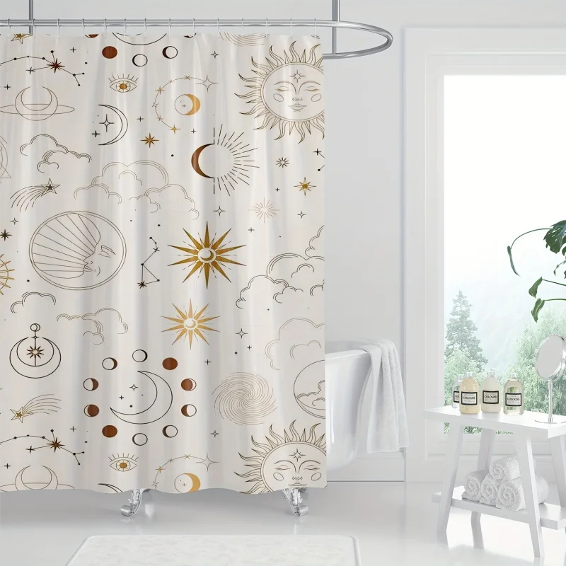 1pc, Celestial Shower Curtain, Vintage Golden Beige Sun Moon Stars Geometric Pattern, Digital Print, Bathroom Decor, Machine Was