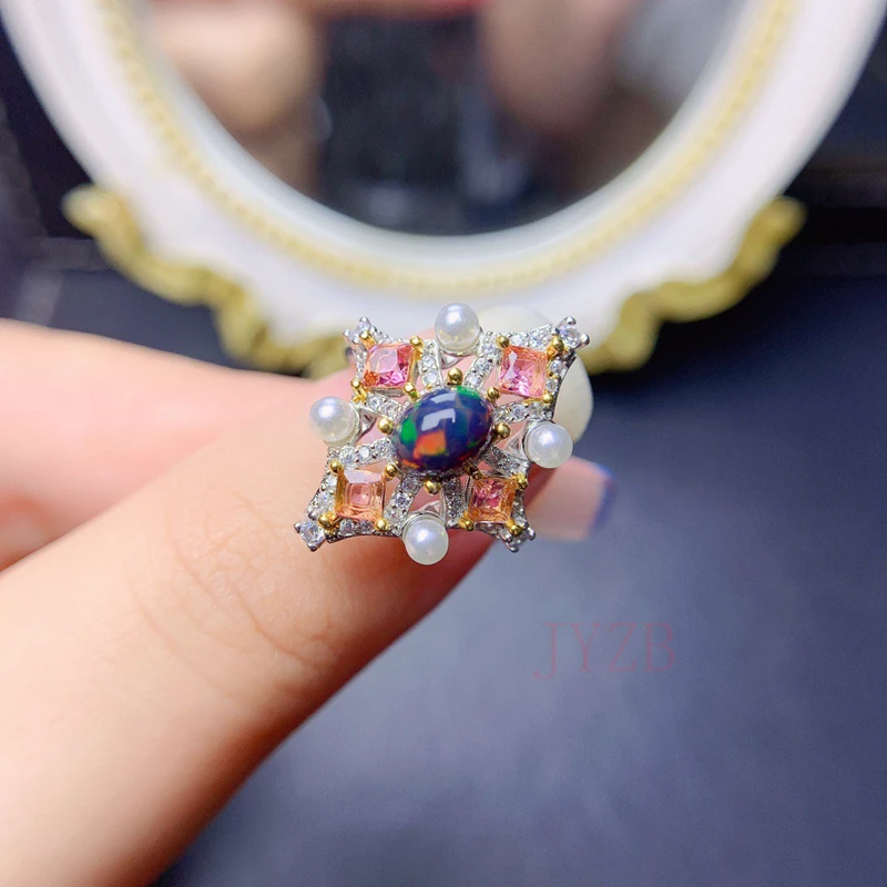 Tự Nhiên Chói Mắt Màu Nhẫn Nữ Opal S925 Bạc Mạ Vàng 18K Lửa Chữ Màu Sắc Nhật Bản Và Hàn Quốc Xu Hướng Thời Trang đa Năng