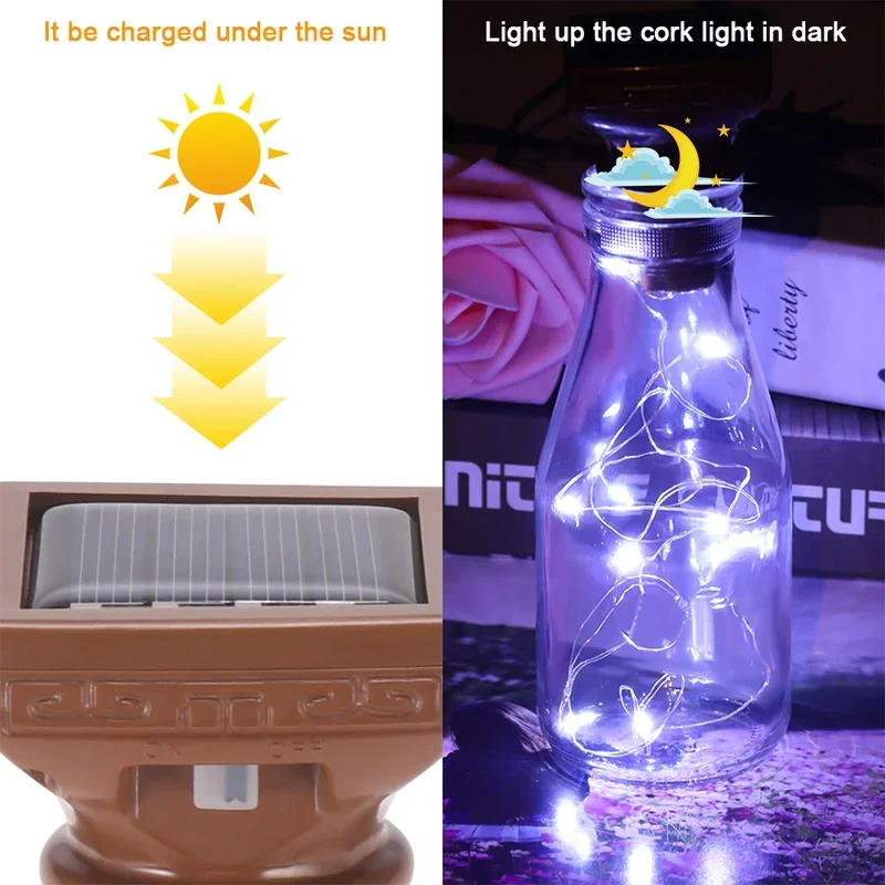 Luzes de garrafa de vinho movidas a energia solar, luzes de corda LED em forma de cortiça de fio de cobre à prova d'água para festa de casamento e Natal