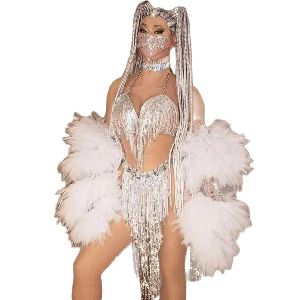 Ensemble Bikini argenté brillant avec pompon, avec manteau en cuir blanc pour femmes, modèle de mode, vêtements Drag Queen, Costumes de scène