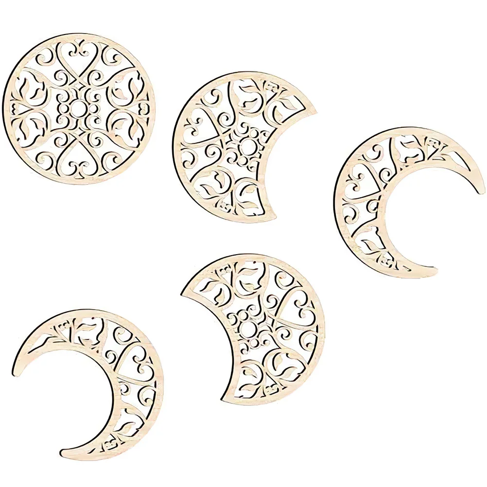 5 Pcs Wooden Bohemian Moon Phase Chip Decoration Boho Home Ornament Wall Stickers Large