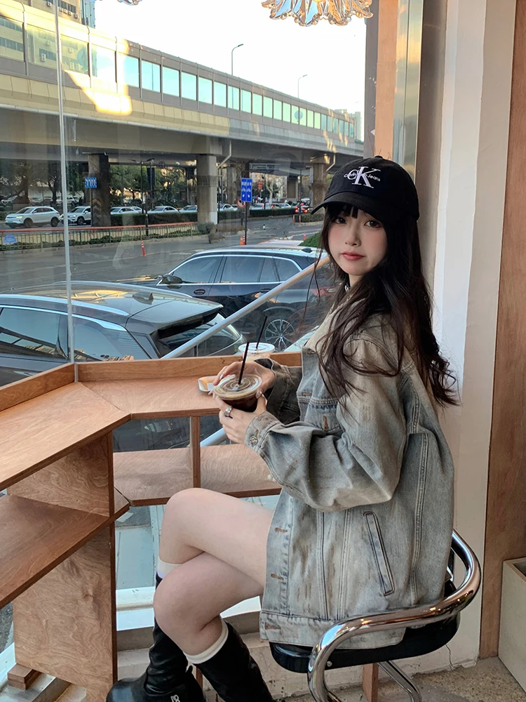 

Cuitcuit Heavyweight Waed Denim Jaet Women's Loose Silhouette Autumn New Sle Cotton Polyester Blend Long Sve Coat