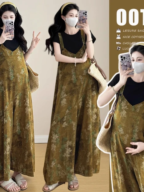 

Модные летние широкие брюки-комбинезоны для беременных с принтом, повседневные, корейский стиль, с высокой талией, антивозрастной эффект