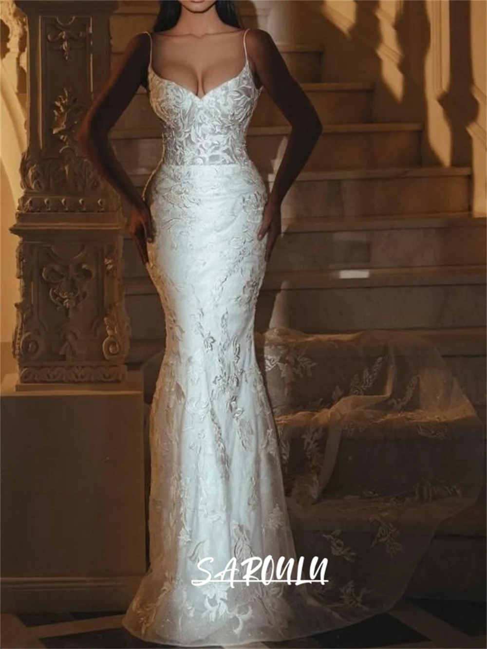 Robe de Mariée Romantique en Dentelle avec Bretelles Spaghetti, Longue, Personnalisée, Grande Taille, Sexy, pour Patients