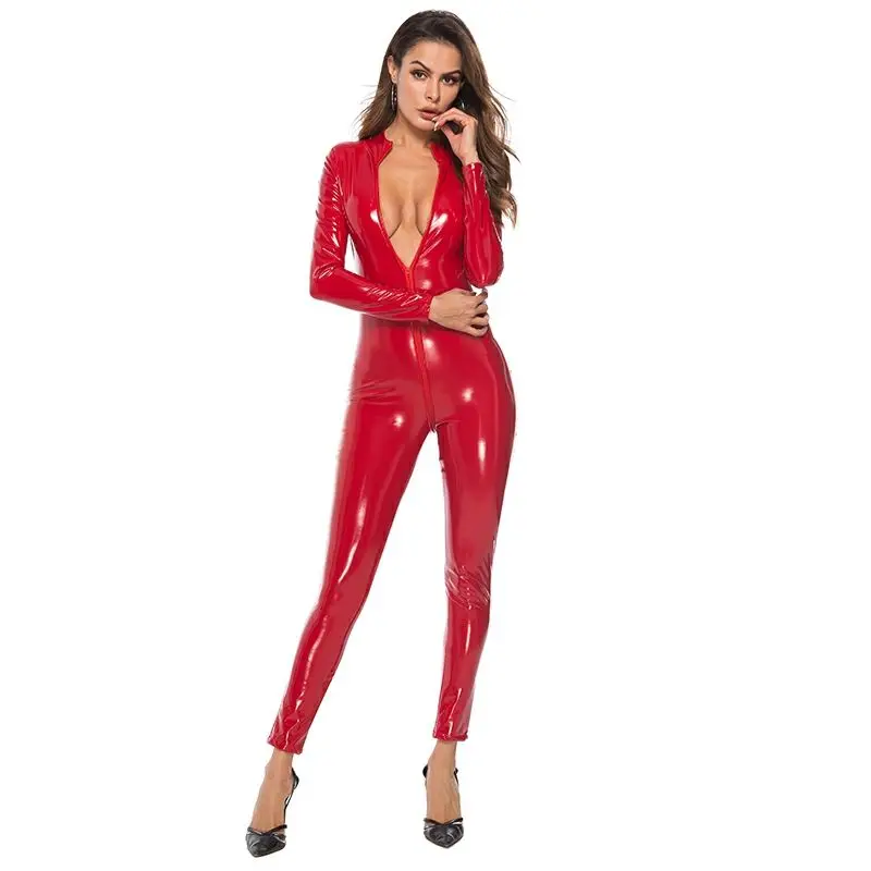Fashion Spring Fall Sexy Corset Tight Uniform Jacket Patent PU Leather Zipper Pants Bright Odorless Women Nightclub Jumpsuit Ju1