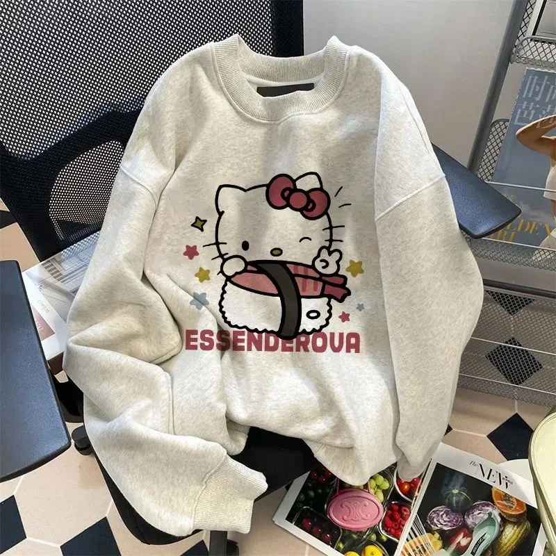 Cartoon Hello Kitty Cat Gray Hoodie Crew Neck Long Sleeve Top Pattern Print Loose Causal Pullover Cosplay Costume for Women