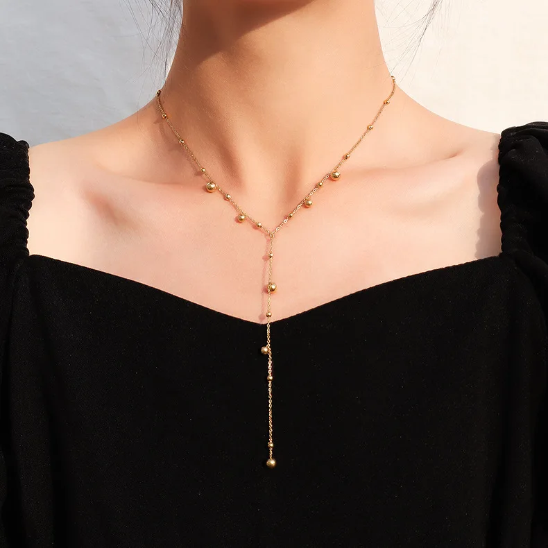 Stainless Steel Gold Color Beads Chain Necklace for Women Simple Long Tassel Clavicle Chain Party Jewelry