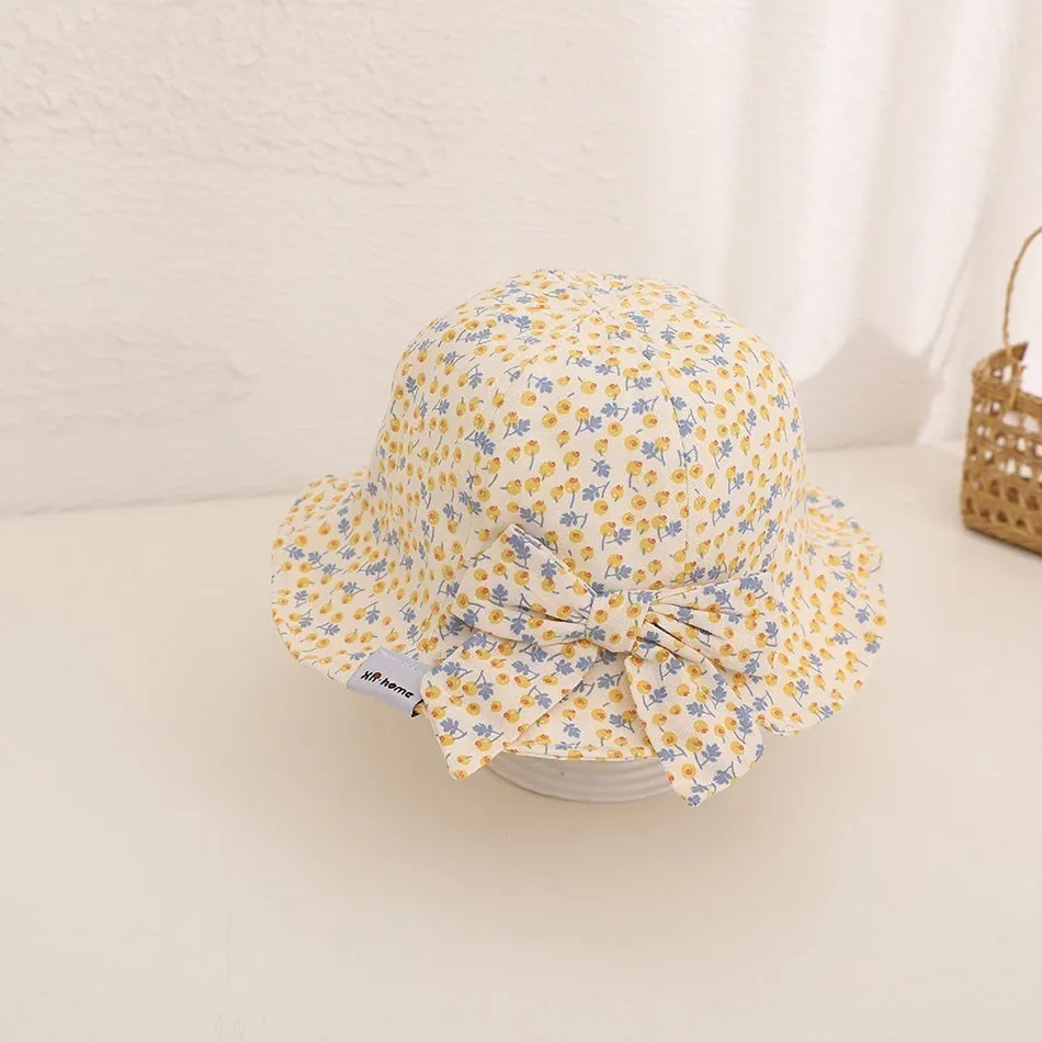 Summer Sunshade Basin Caps Toddler Fashion Sun Hat For Baby Girls Cotton Soft Printed Bow Ruffle Bucket Hat 0-2Years