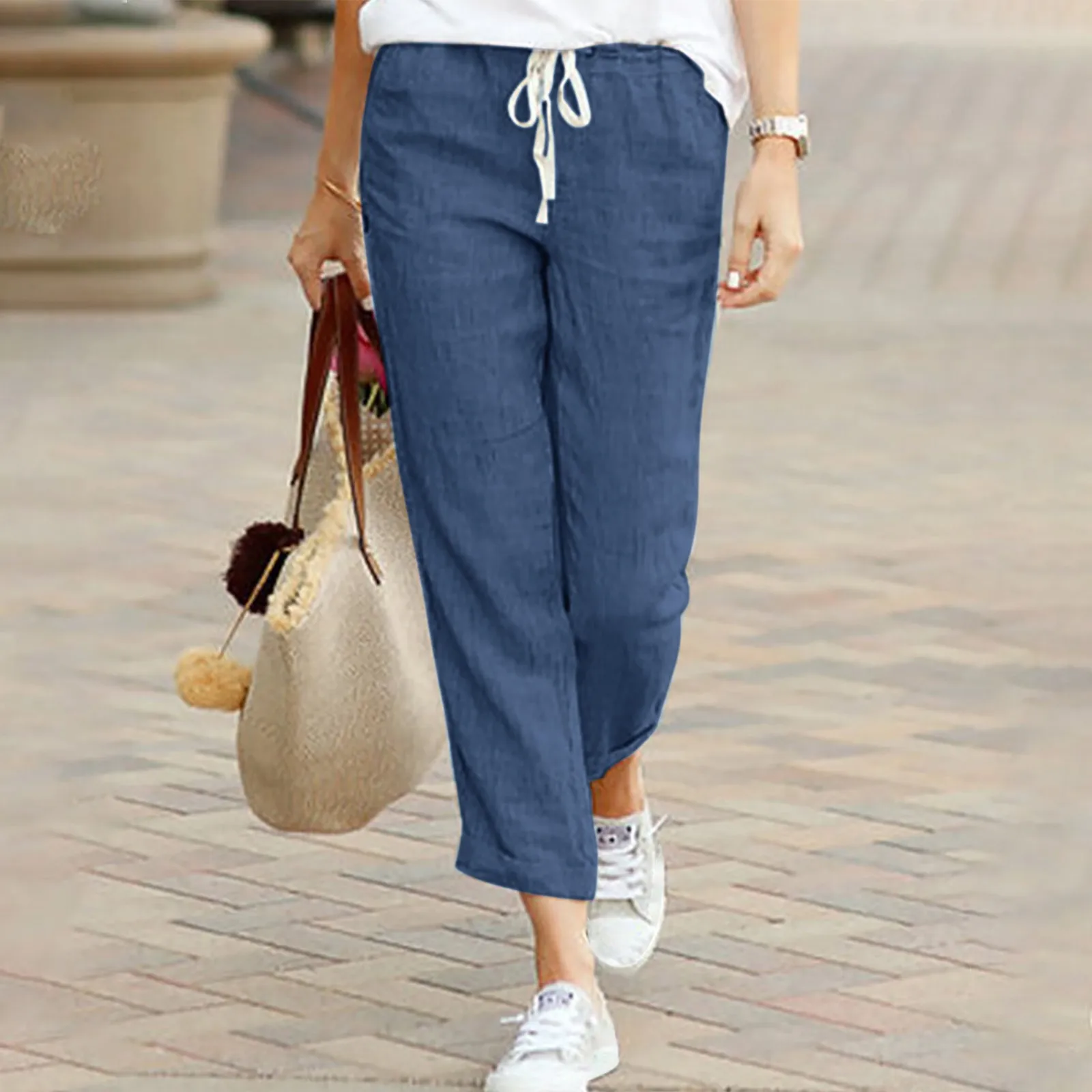 

Summer Casual Solid Color Cotton Linen Women's Pants Drawstring Elastic Waist Casual Pants Female Loose Fashion Streetwear