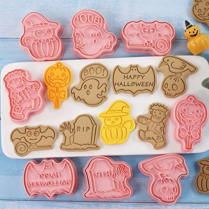 

Halloween Cookie Mold 8pcs Set Cartoon Cookie Cutters Pressable Biscuit Mold Confectionery Stamp Baking Pastry Bakeware Tools