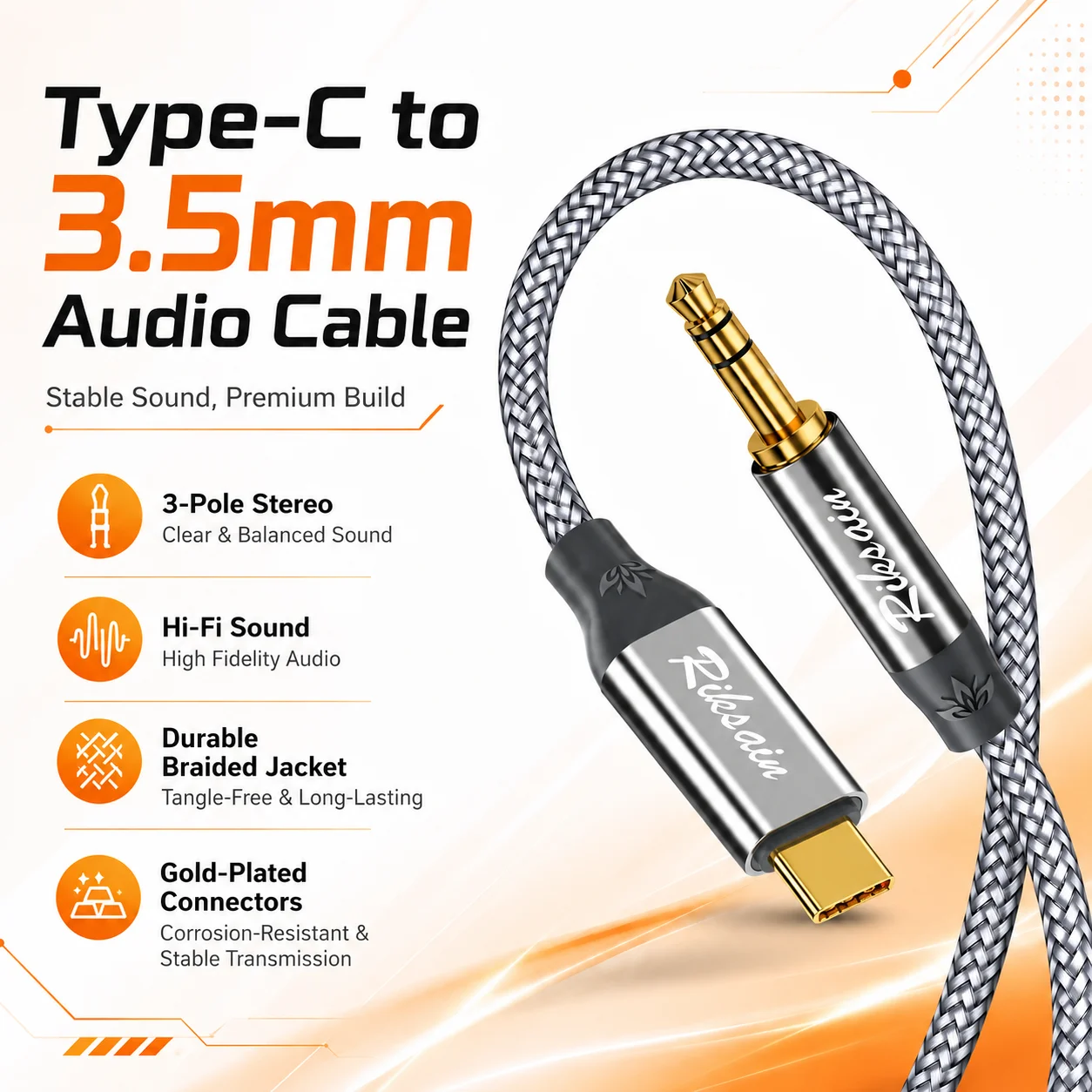 Riksoin USB-C-auf-3,5-mm-TRS-Audiokabel, Typ-C-AUX-Adapterkabel, Hi-Fi-Stereo für Auto-Lautsprecher, Kopfhörer, Telefon, Tablet