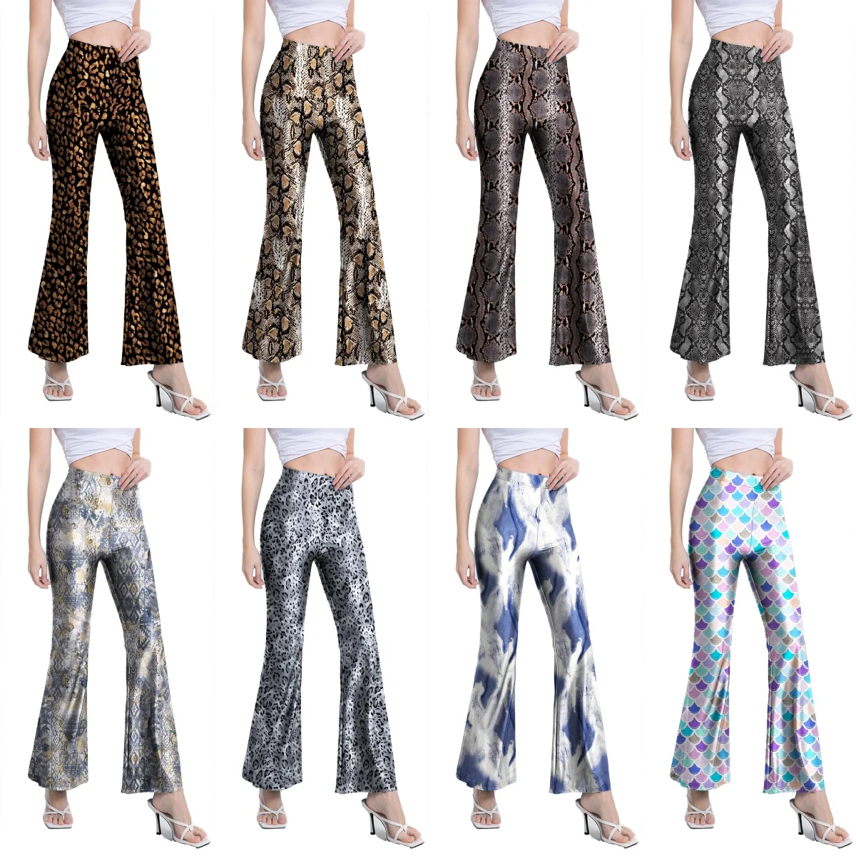 Fashion sexy snake digital print flare pants bell-bottoms  gloss slim pants for women